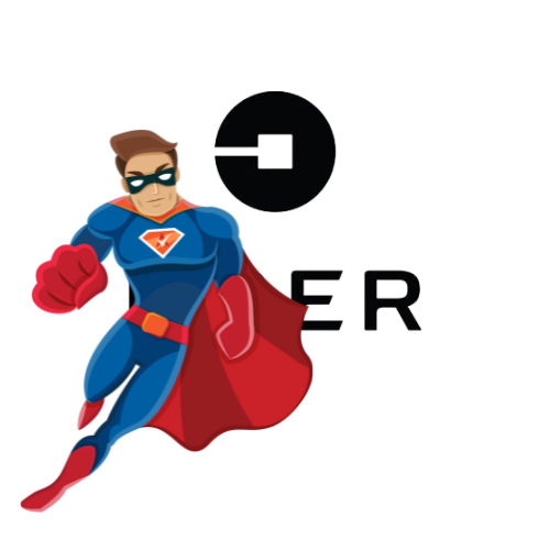 Activation Hero superhero standing with Uber branding, ready to help deactivated Uber drivers get their accounts restored